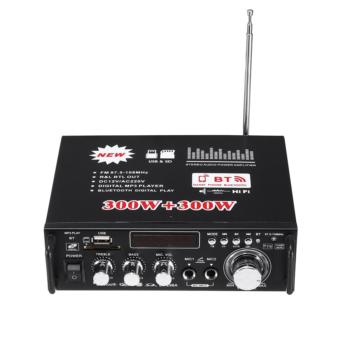 12V/220V 600W Car HIFI Amplifier Audio Stereo Power Bluetooth FM Radio 2CH Home Theater Amplifiers Mini Amplificador Audio