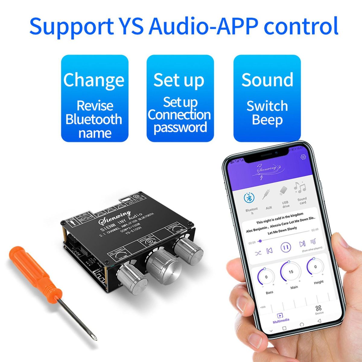 YS-E100H 2.1 Channel Bluetooth Audio Amplifier Module 50Wx2 +100W High Low Tone Subwoofer Power Amplifier Board DC9-24V