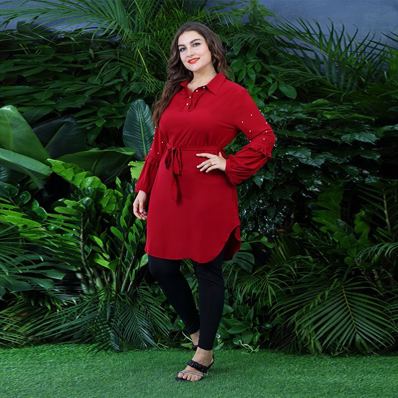 Muslim Tops Long Sleeve Chiffon Tops Islamic Clothing Women Plus Size-Red