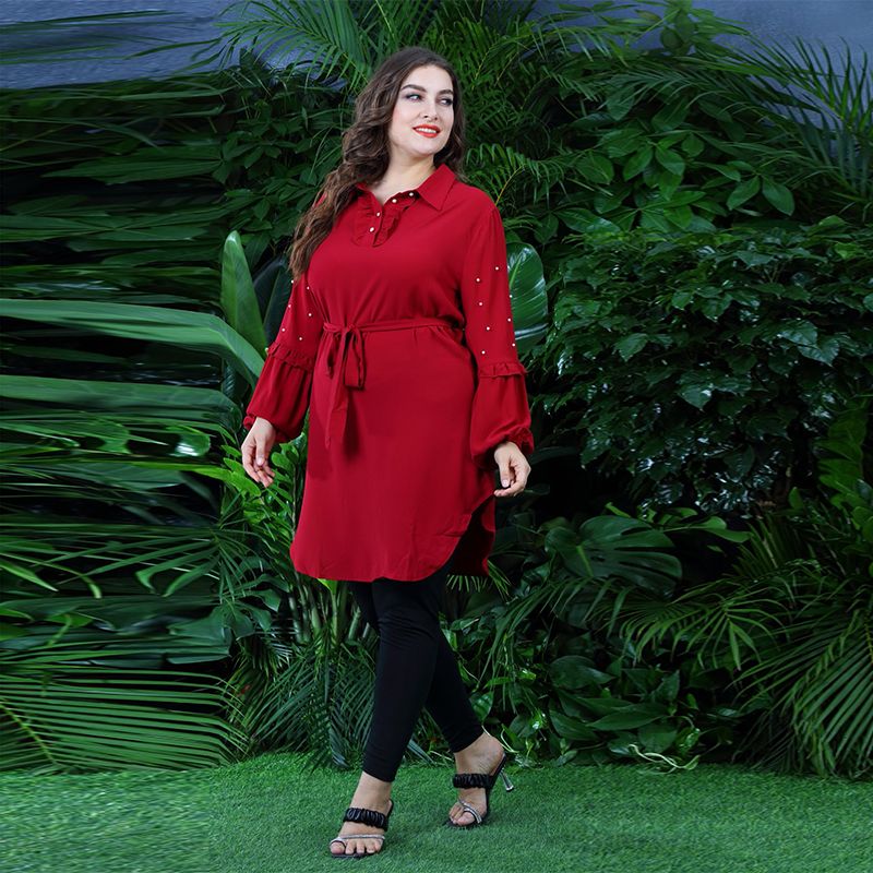 Muslim Tops Long Sleeve Chiffon Tops Islamic Clothing Women Plus Size-Red