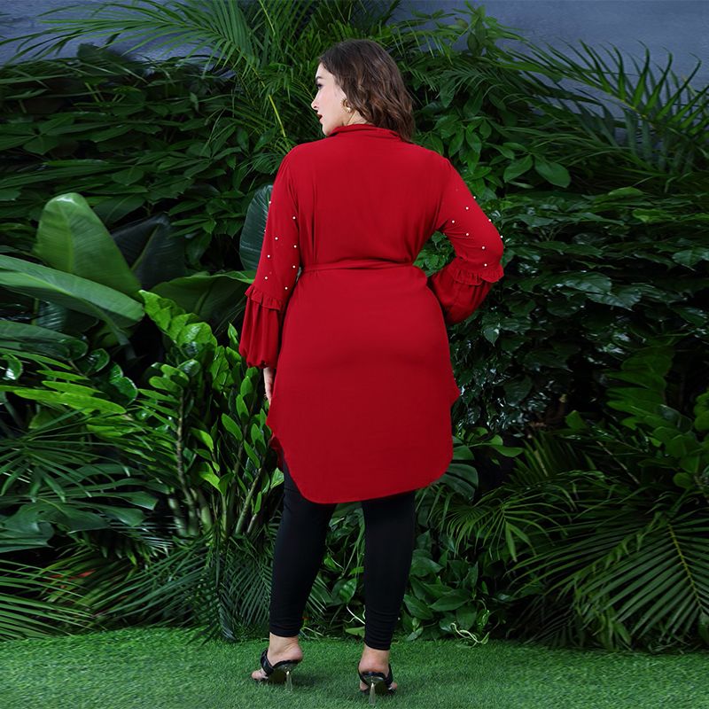 Muslim Tops Long Sleeve Chiffon Tops Islamic Clothing Women Plus Size-Red