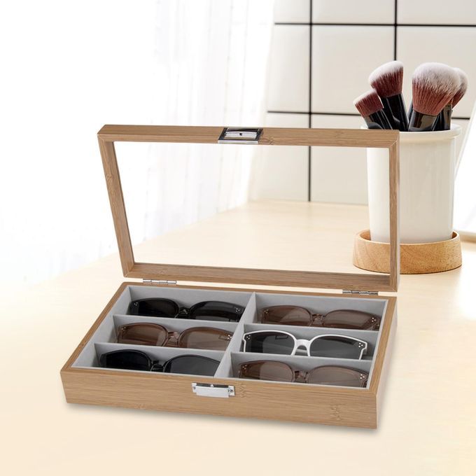 6 Grids Sunglasses Display Storage Box Wooden Eyeglasses Holder Clear
