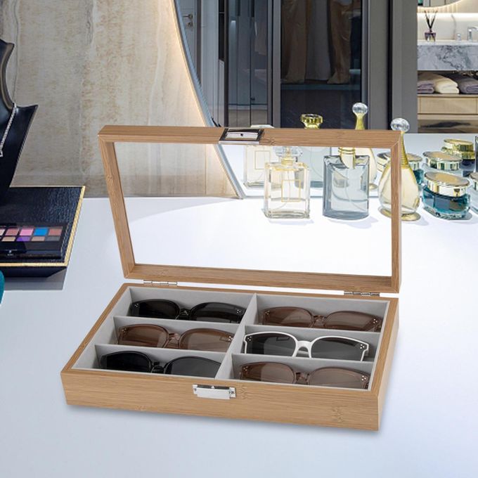 6 Grids Sunglasses Display Storage Box Wooden Eyeglasses Holder Clear