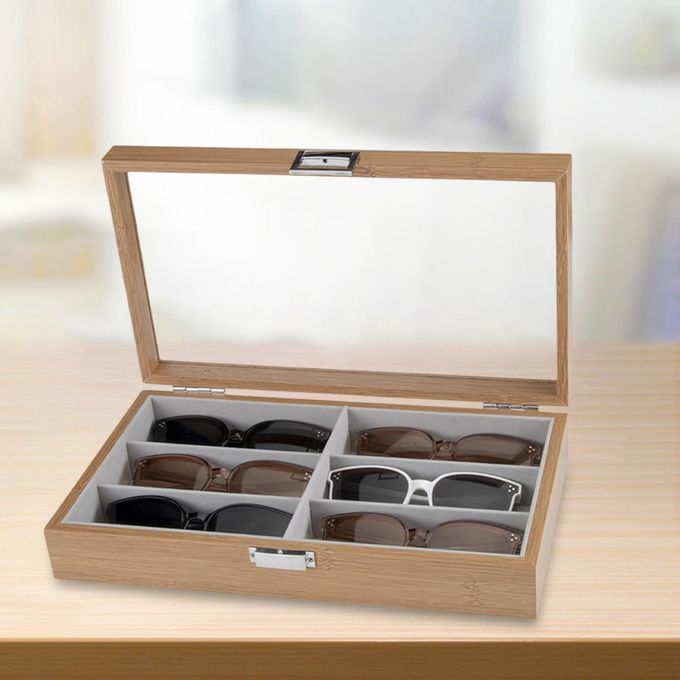 6 Grids Sunglasses Display Storage Box Wooden Eyeglasses Holder Clear
