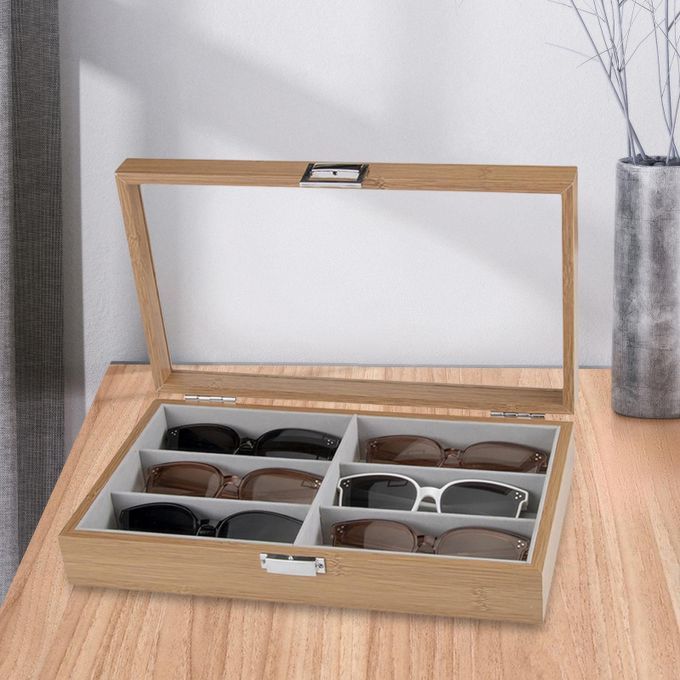 6 Grids Sunglasses Display Storage Box Wooden Eyeglasses Holder Clear