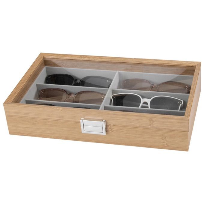 6 Grids Sunglasses Display Storage Box Wooden Eyeglasses Holder Clear
