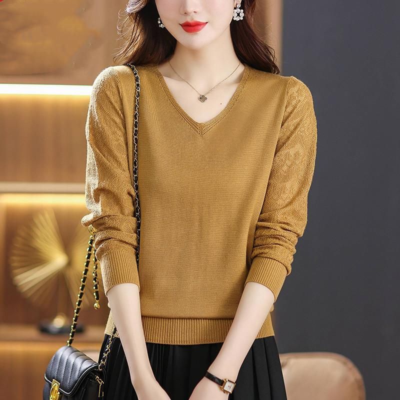 Temperament Sweater Women's Spring 2023 New Lace Long Sleeve Knit V-Neck Thin Hollow Bottom Sweater