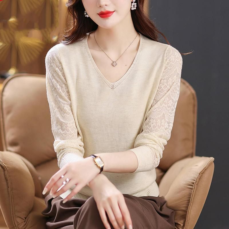 Temperament Sweater Women's Spring 2023 New Lace Long Sleeve Knit V-Neck Thin Hollow Bottom Sweater