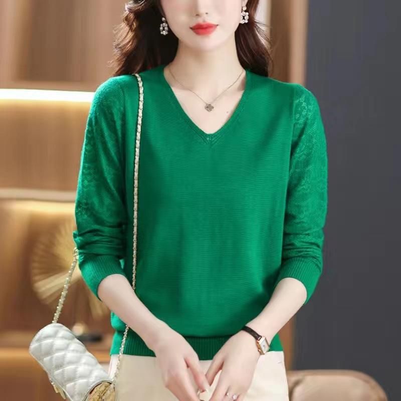 Temperament Sweater Women's Spring 2023 New Lace Long Sleeve Knit V-Neck Thin Hollow Bottom Sweater