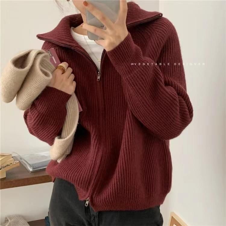 2023 Spring Lazy Style High Neck Knitted Cardigan Korean INS. Zipper Design Feels Small and Popular