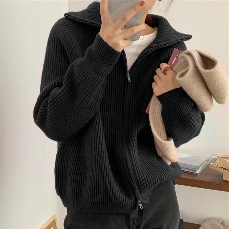 2023 Spring Lazy Style High Neck Knitted Cardigan Korean INS. Zipper Design Feels Small and Popular