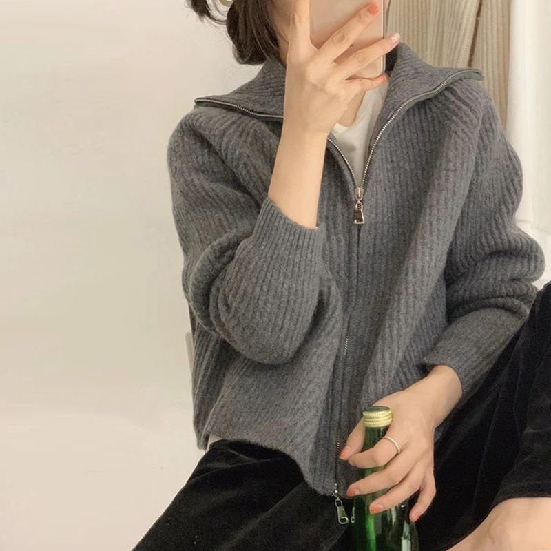 2023 Spring Lazy Style High Neck Knitted Cardigan Korean INS. Zipper Design Feels Small and Popular