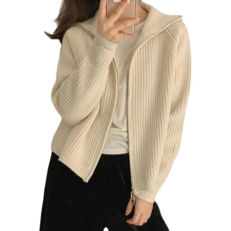 2023 Spring Lazy Style High Neck Knitted Cardigan Korean INS. Zipper Design Feels Small and Popular