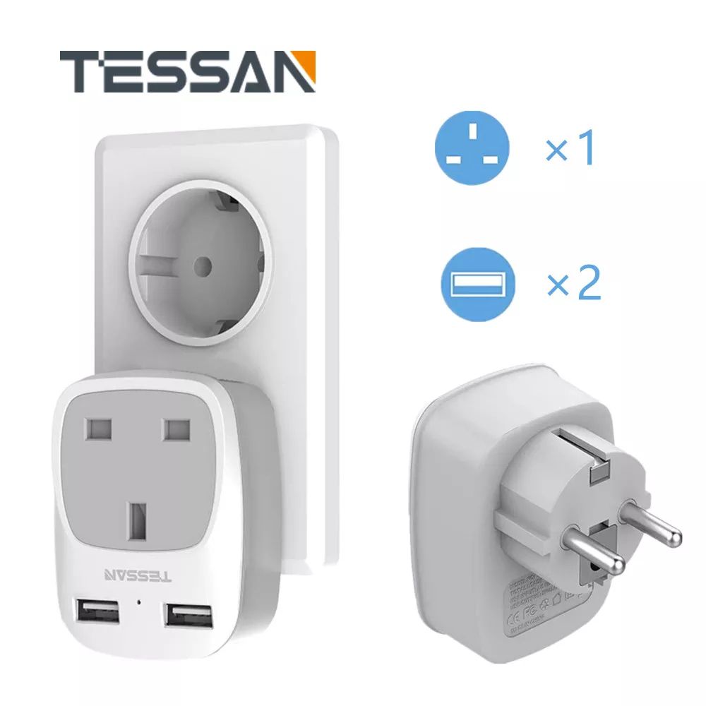 UK To EU Europe Travel Adapter Multi Plug With 2 USB Port