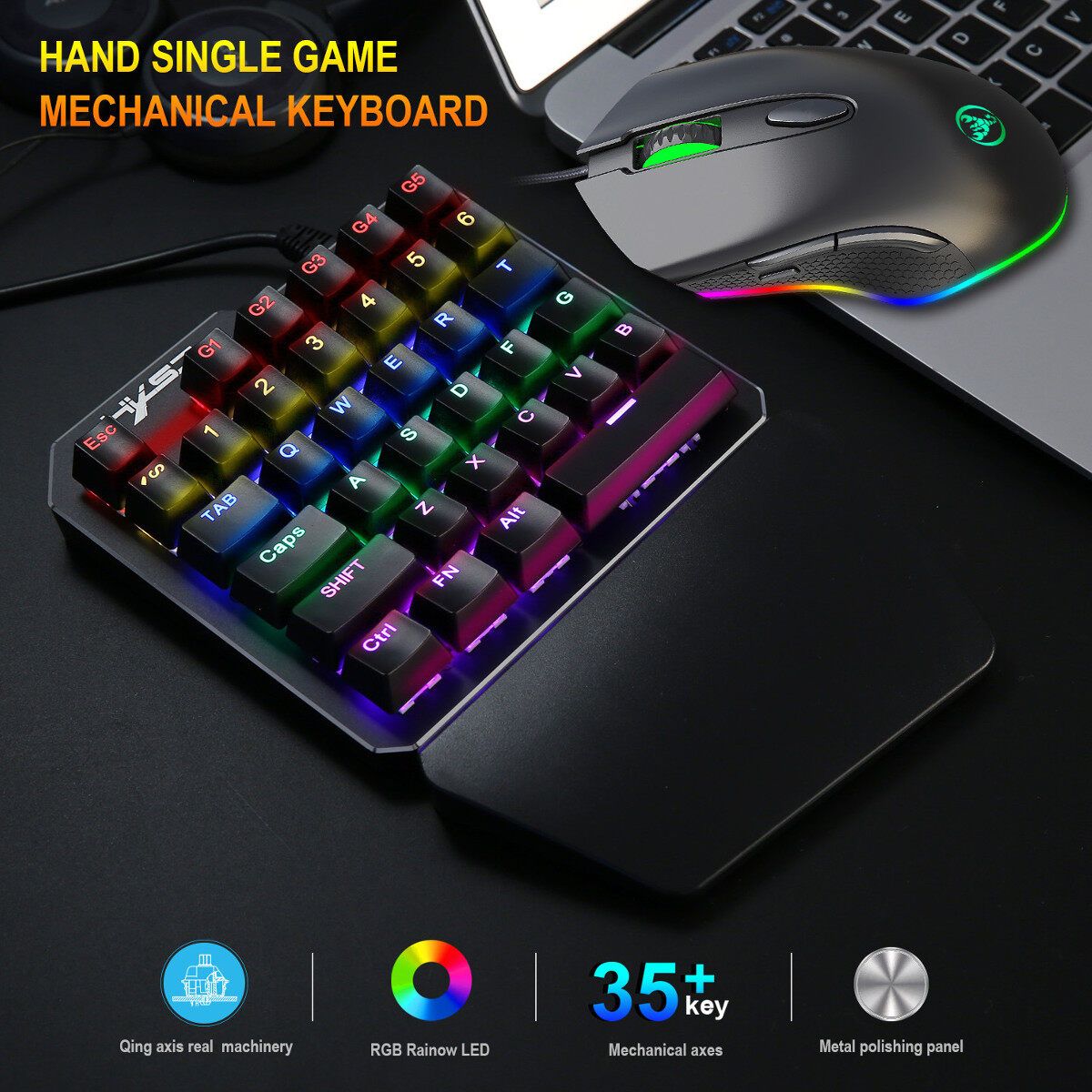 One-Handed RGB Backlight Mechanical Gaming Keyboard 35-keys USB Wired For PC Gamer Mobile Game Black