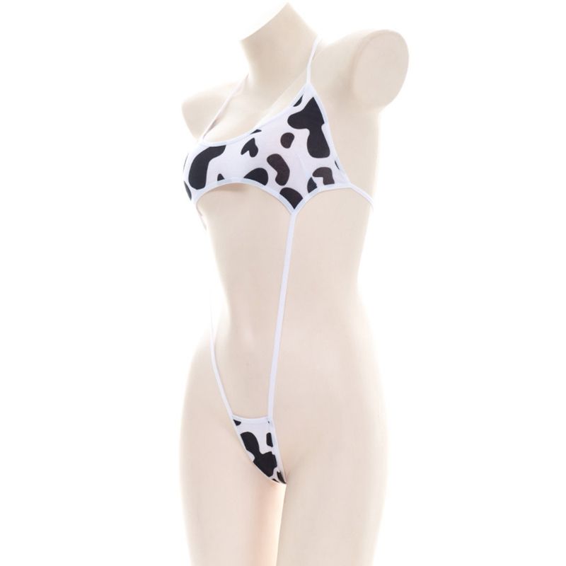 ( Shown)Women Cute Milk Cow Print Bikini Bodysuit Y Halter Backless Cutout
