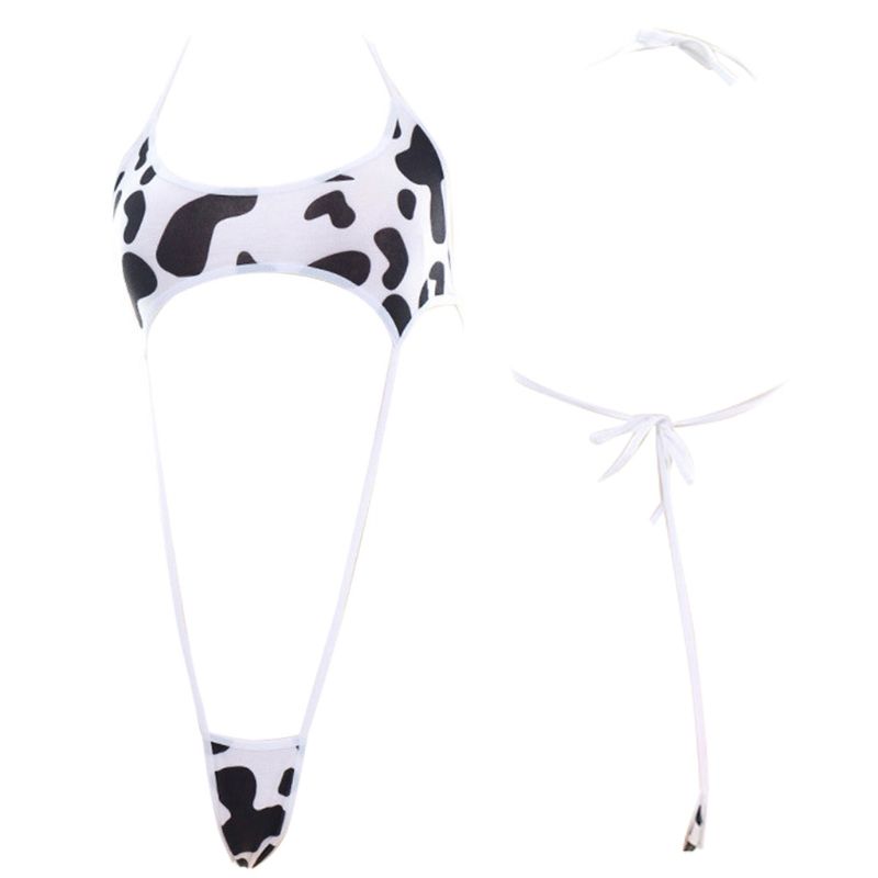 ( Shown)Women Cute Milk Cow Print Bikini Bodysuit Y Halter Backless Cutout