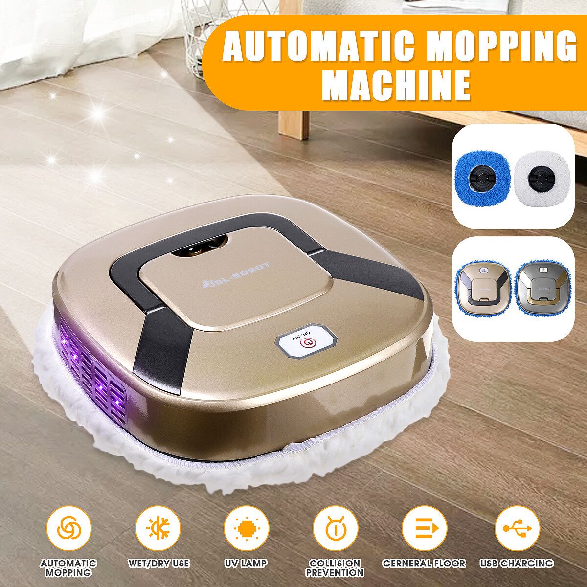 Smart Automatic Mopping Machine Wet/Dry Use With UV Lamp Sweeper Home Gold
