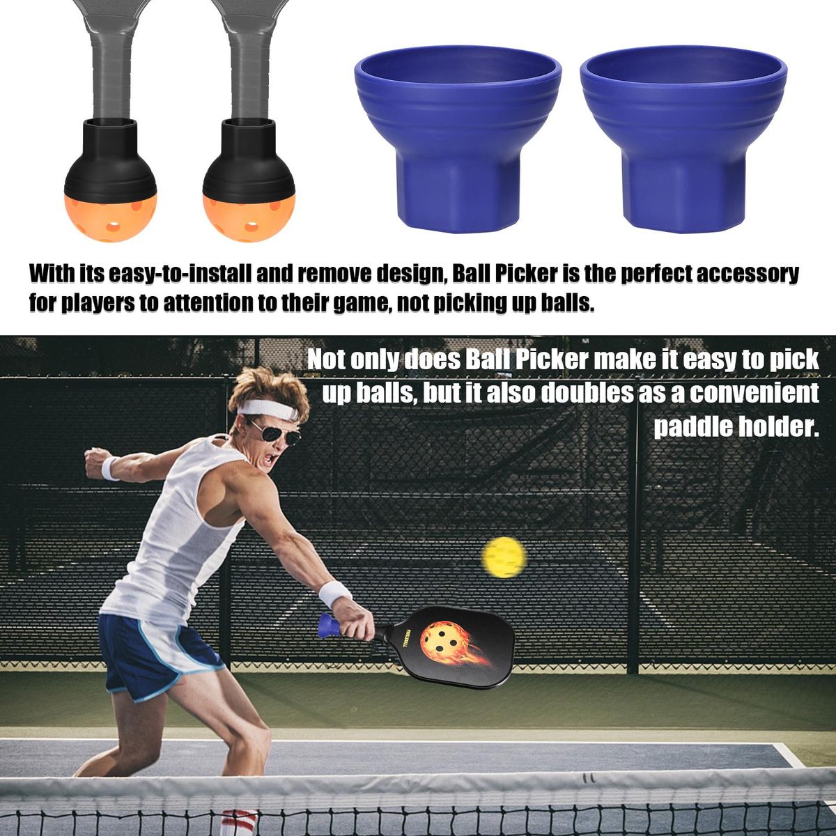 Silicone Pickleball Ball Retriever 2pcs Pick Up Pickleball Balls Tool Set Pickleball Paddle Bottom Attachement Ball Picker Kit