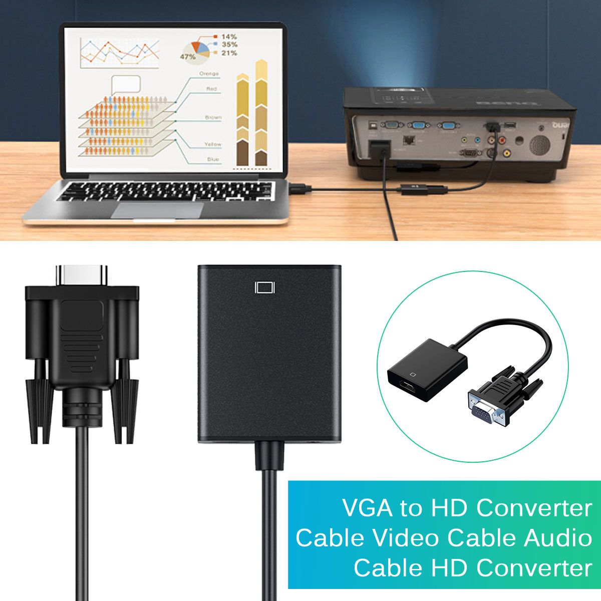 Biaze VGA To HD Converter Cable Video Cable Audio Cable HD Converter For TV Screen Projector ZH32 Black