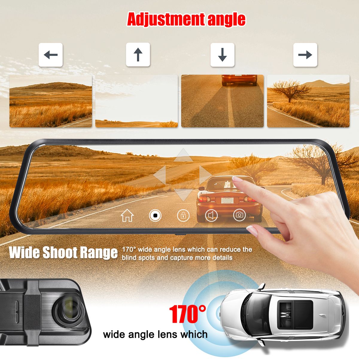 1080P Rear View Dash Cam 9.66 Inch Touchscreen Car DVR Video