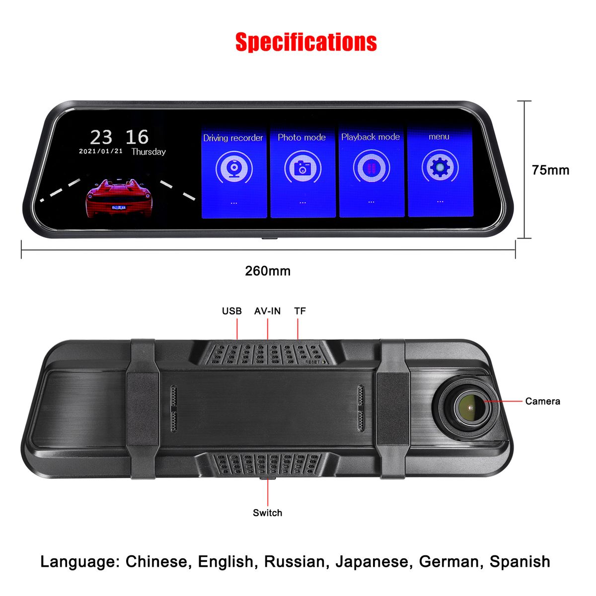 1080P Rear View Dash Cam 9.66 Inch Touchscreen Car DVR Video