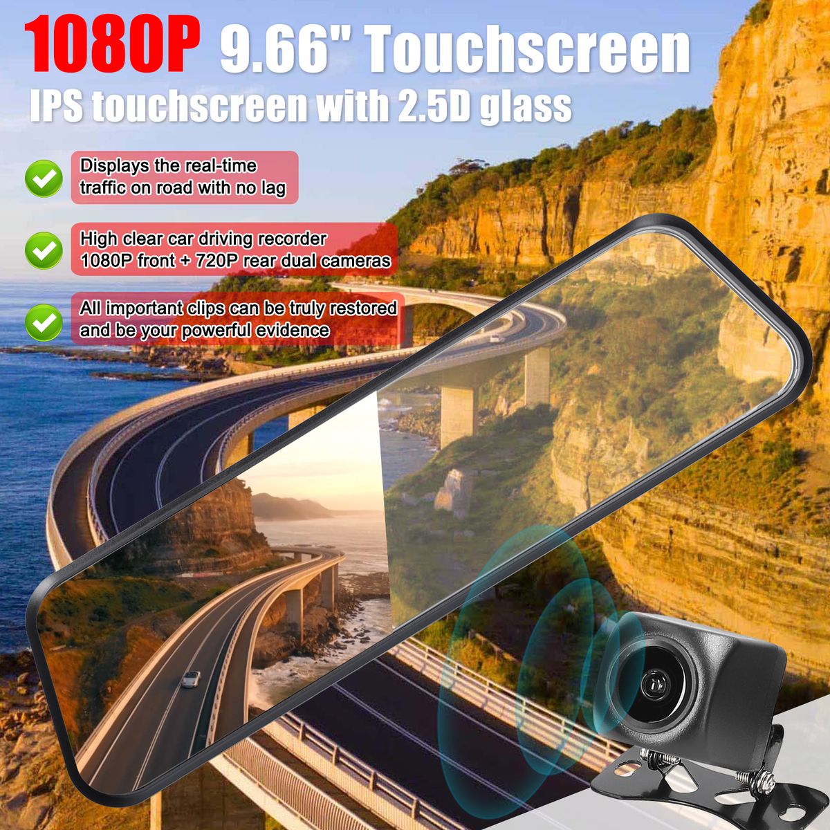 1080P Rear View Dash Cam 9.66 Inch Touchscreen Car DVR Video