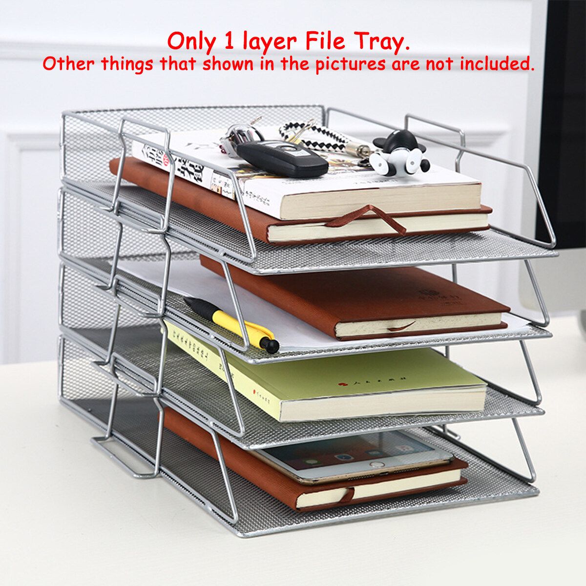 4 Layers Metal Document Trays Desktop Stackable Letter Trays File Organizers Silver