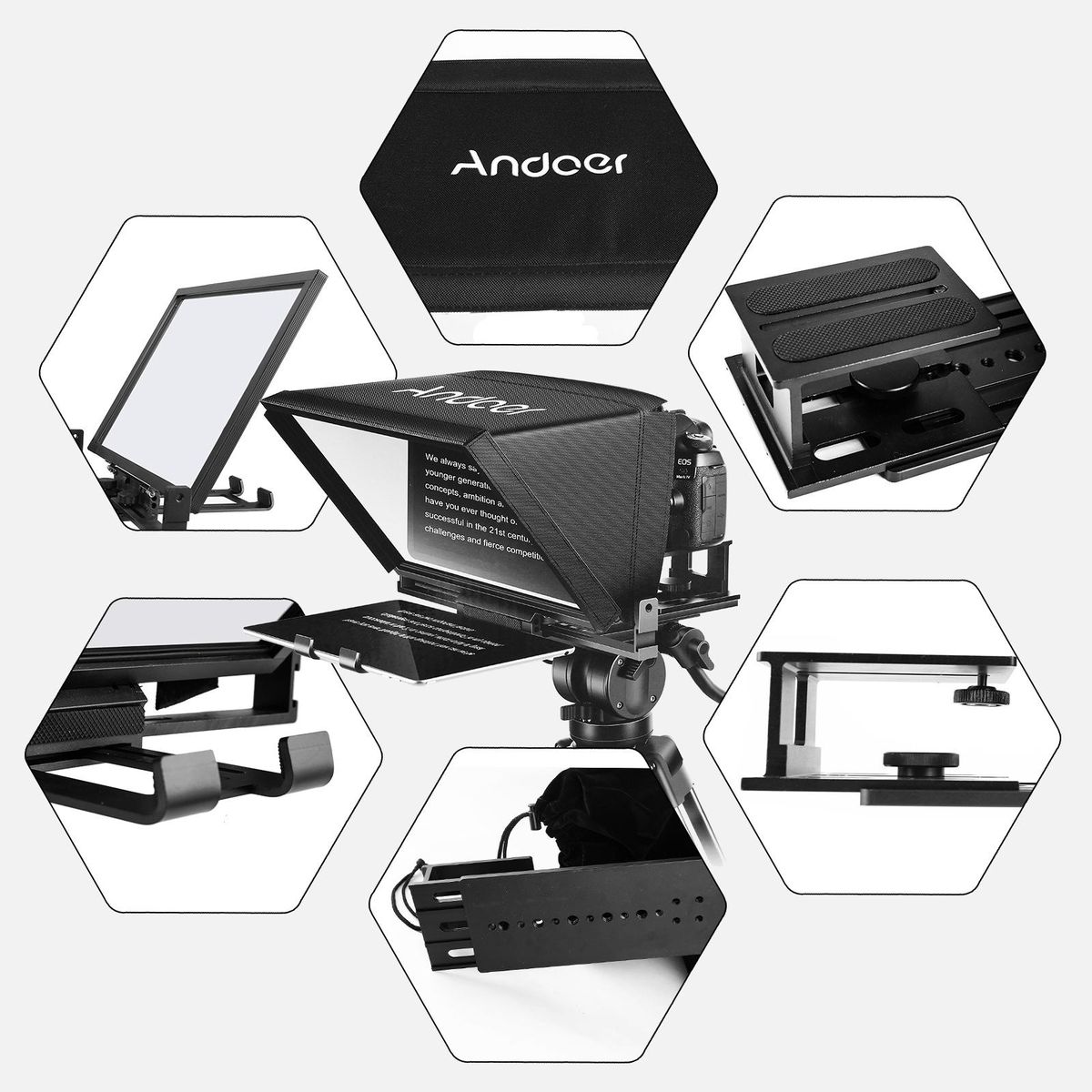 Andoer A12 Portable Camera Teleprompter Prompter for DSLR/ Mirrorless Cameras Video Recording Live Streaming Interview Stage Presentation Speech with Remote Control Carry Case