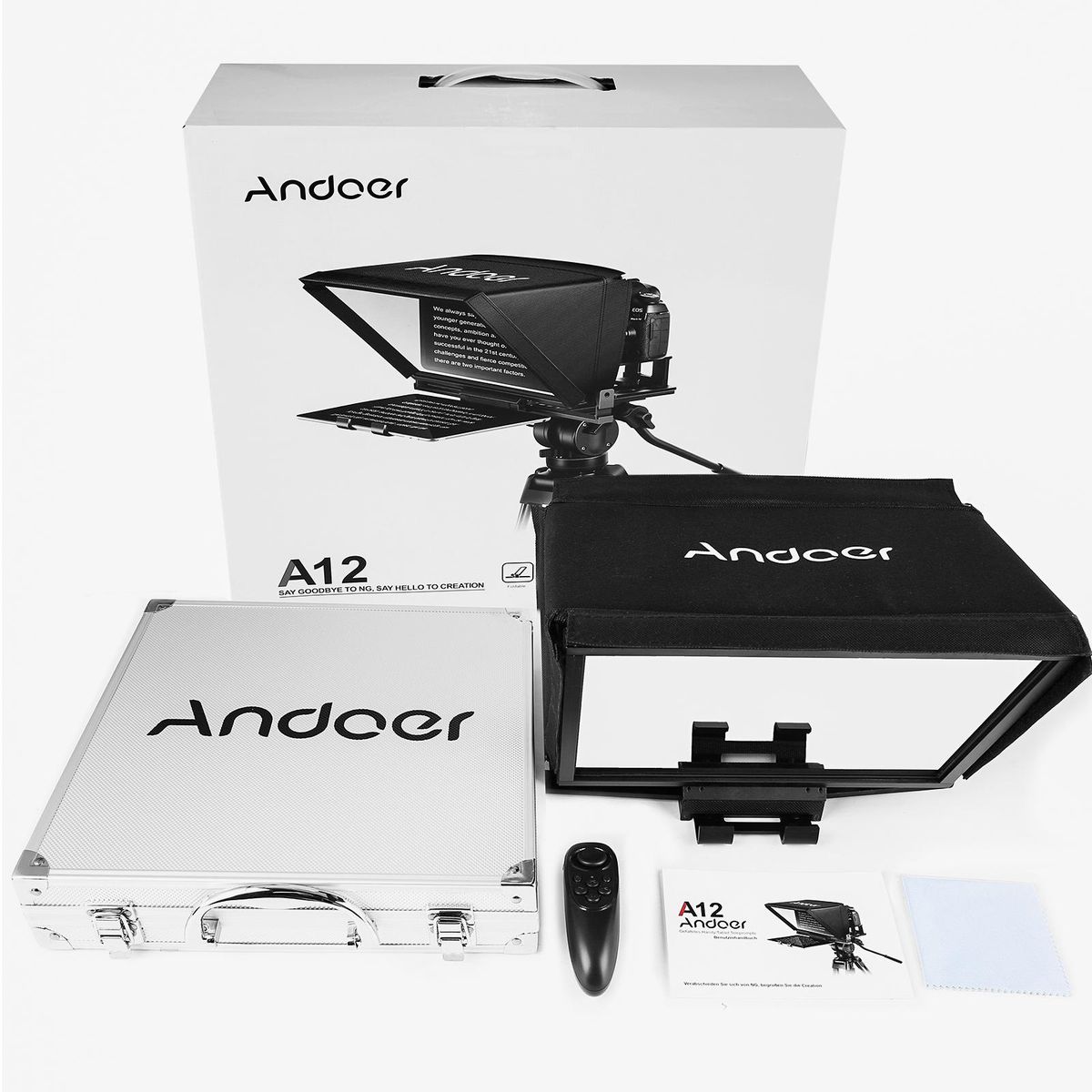 Andoer A12 Portable Camera Teleprompter Prompter for DSLR/ Mirrorless Cameras Video Recording Live Streaming Interview Stage Presentation Speech with Remote Control Carry Case