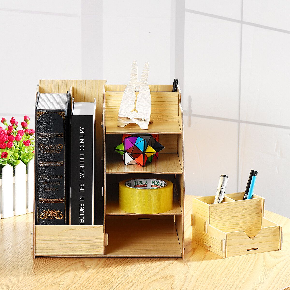 Table Storage Rack Desktop Pen Pencil Organizer File Stand Holder Rack Box Office Case White Maple
