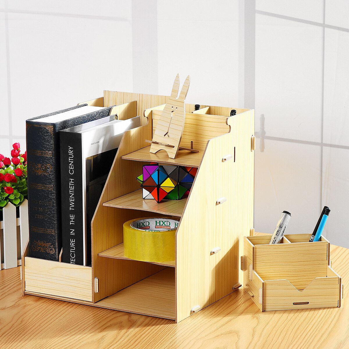 Table Storage Rack Desktop Pen Pencil Organizer File Stand Holder Rack Box Office Case White Maple