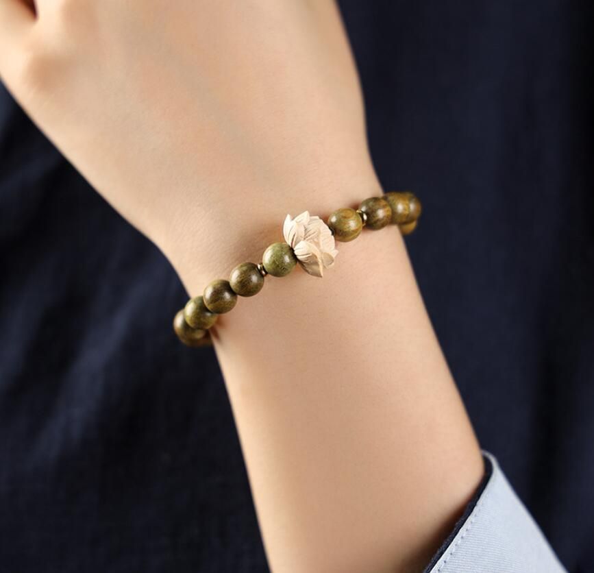 Green Sandalwood Bracelet Strand Lotus Luck Bracelet
