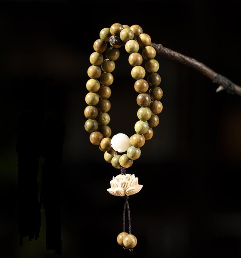 Green Sandalwood Bracelet Strand Lotus Luck Bracelet