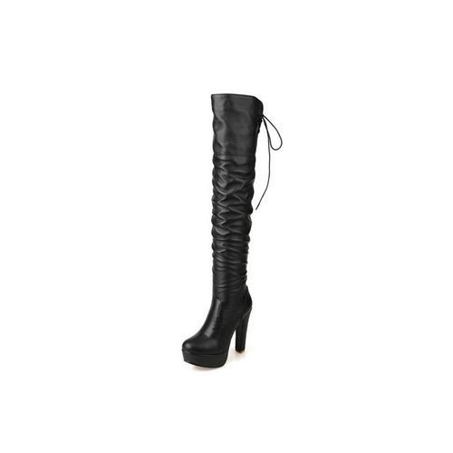 JAVING Tie Back Over The Knee Chunky Stiletto Boots, Black