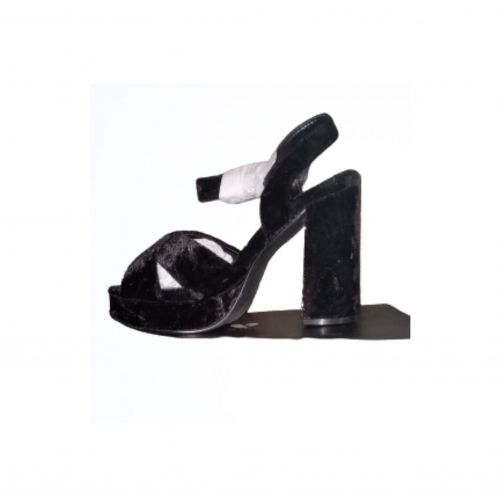 Stylish Crushed Velvet Platform Block Heel Sandals- Black