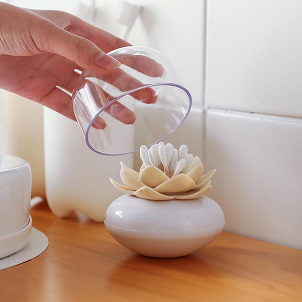 Cotton Swab Holder Lotus Shape Toothpick Cotton Swab Organizer Apricot