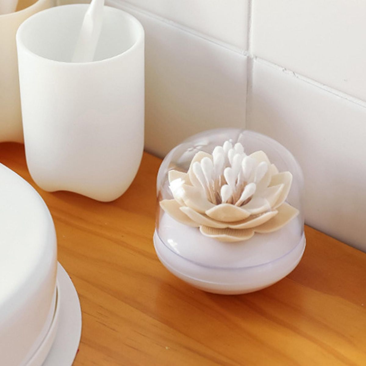 Cotton Swab Holder Lotus Shape Toothpick Cotton Swab Organizer Apricot