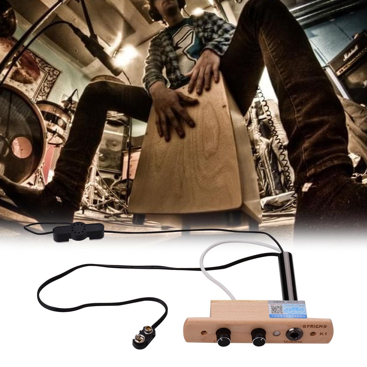 Cajon Drum Sound Hole Pickup Microphone Pick-up System for Box Drum with Tone Volume Control 6.35mm Output Jack