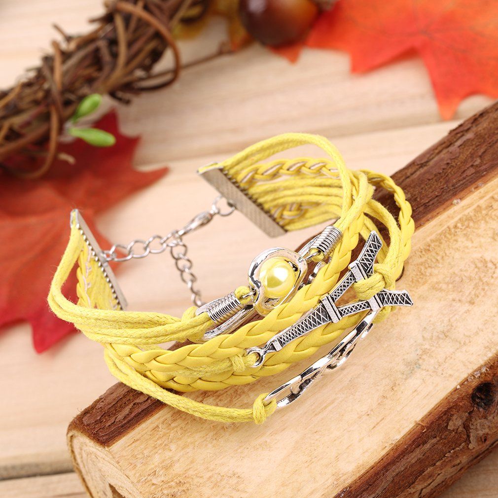 Vintage Eiffel Tower Cuff Friendship Bracelet Multilayer PU Leather Bangle-multicolor