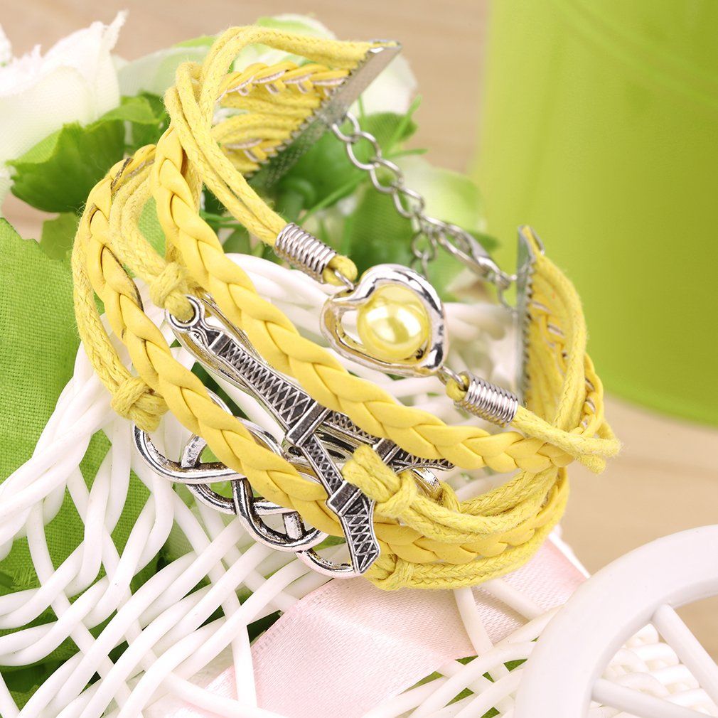 Vintage Eiffel Tower Cuff Friendship Bracelet Multilayer PU Leather Bangle-multicolor