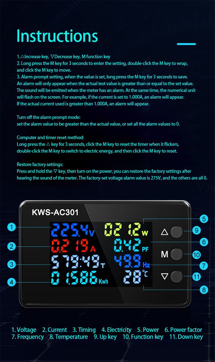 8 In1 Digital Voltmeter Ammeter KWS-AC301 AC 50-300V Power