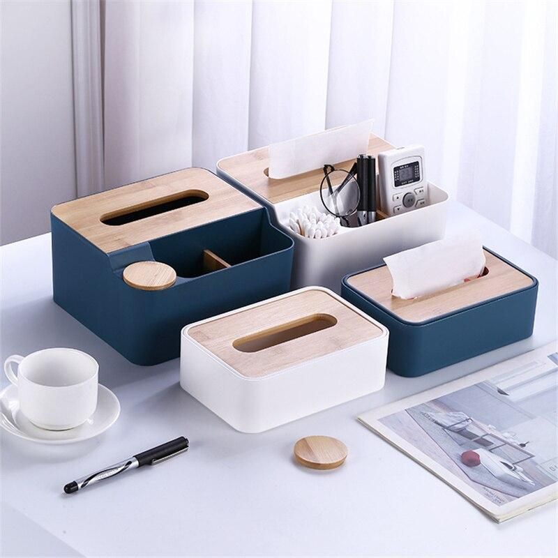 Plastic Tissue Storage Box Removable Tissue Paper Holder Napkin Case TV Air Conditioner Remote Control Organizer with Bamboo Lid
