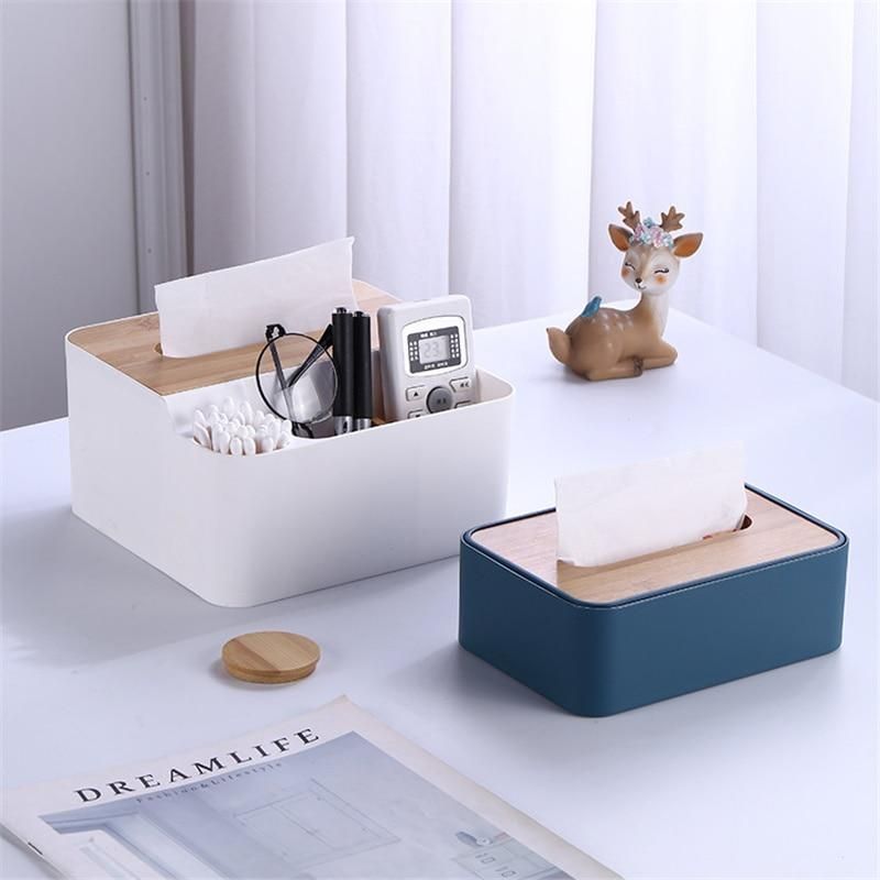 Plastic Tissue Storage Box Removable Tissue Paper Holder Napkin Case TV Air Conditioner Remote Control Organizer with Bamboo Lid