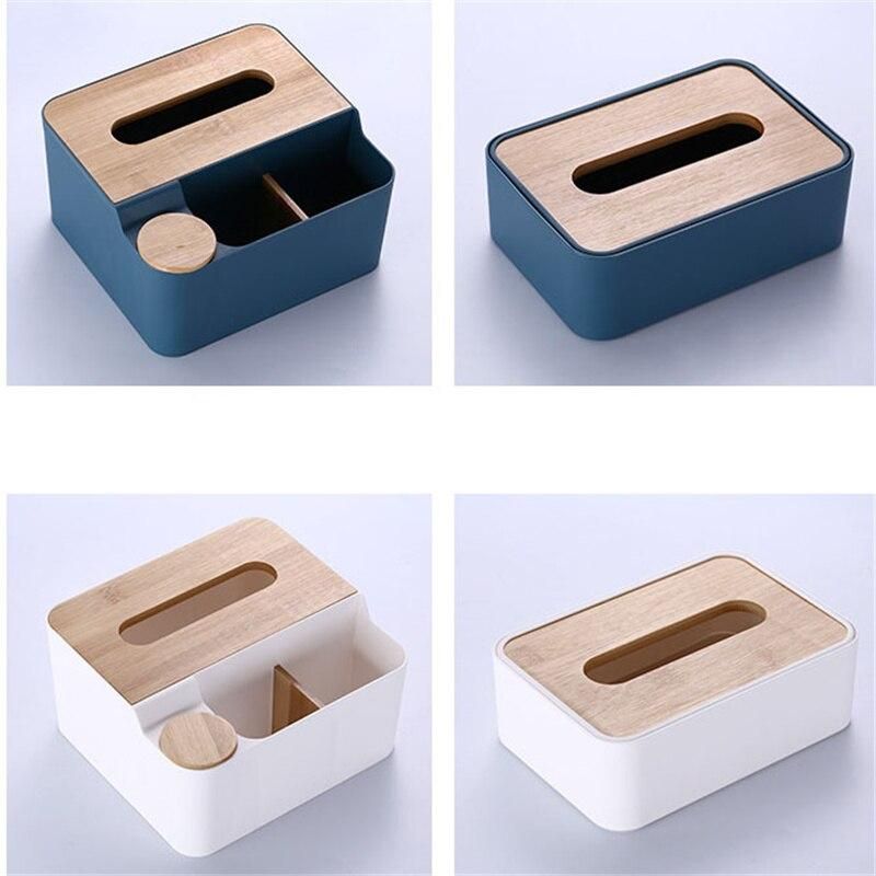 Plastic Tissue Storage Box Removable Tissue Paper Holder Napkin Case TV Air Conditioner Remote Control Organizer with Bamboo Lid