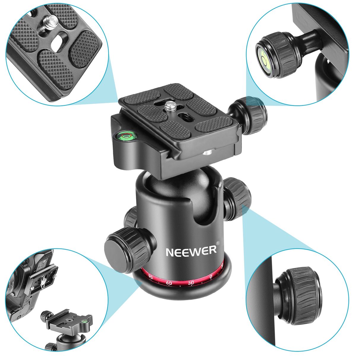 Professional Metal 360 Degree Rotating Panoramic Ball Head With 1/4 Inch Quick Release Plate And Bubble Level,up To 17.6pounds/8kilograms,for Tripod,Monopod,Slider,DSLR Camera,Camcorder