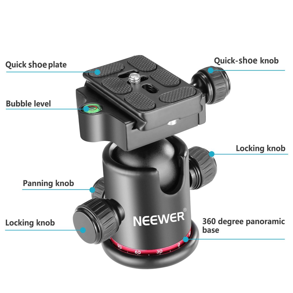 Professional Metal 360 Degree Rotating Panoramic Ball Head With 1/4 Inch Quick Release Plate And Bubble Level,up To 17.6pounds/8kilograms,for Tripod,Monopod,Slider,DSLR Camera,Camcorder