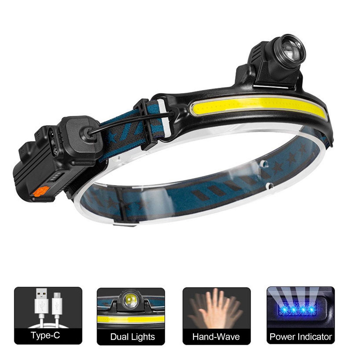 LED Headlamp 90°Wide Angle 2000mAh Night Walking Headlamp COB and XPG 6 Light Modes Motion Sensor Headlight Rechargeable Waterproof Headband Lightweight Light for Camping Running Repairing