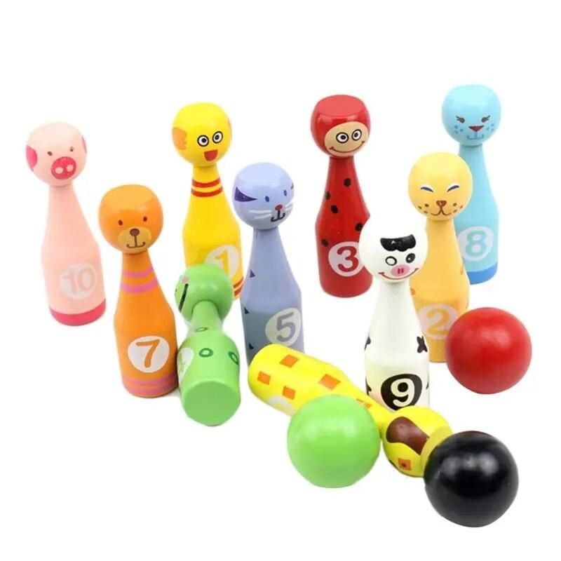 13pcs/set Wooden Bowling Set 10 Pins 3 Ball Animal Bowling Game for Children Drop Shipping