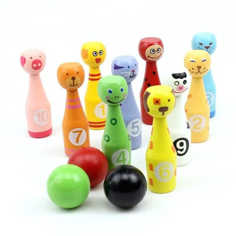 13pcs/set Wooden Bowling Set 10 Pins 3 Ball Animal Bowling Game for Children Drop Shipping